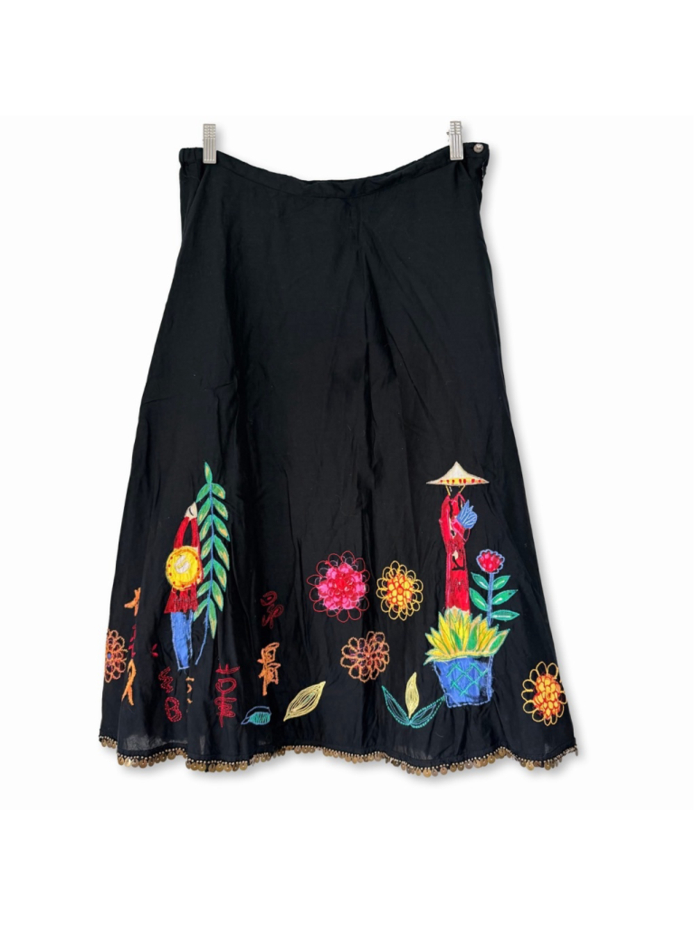Chico's Black Multicolor Embroidered Beaded Midi A-Line Skirt Size 2 US Large